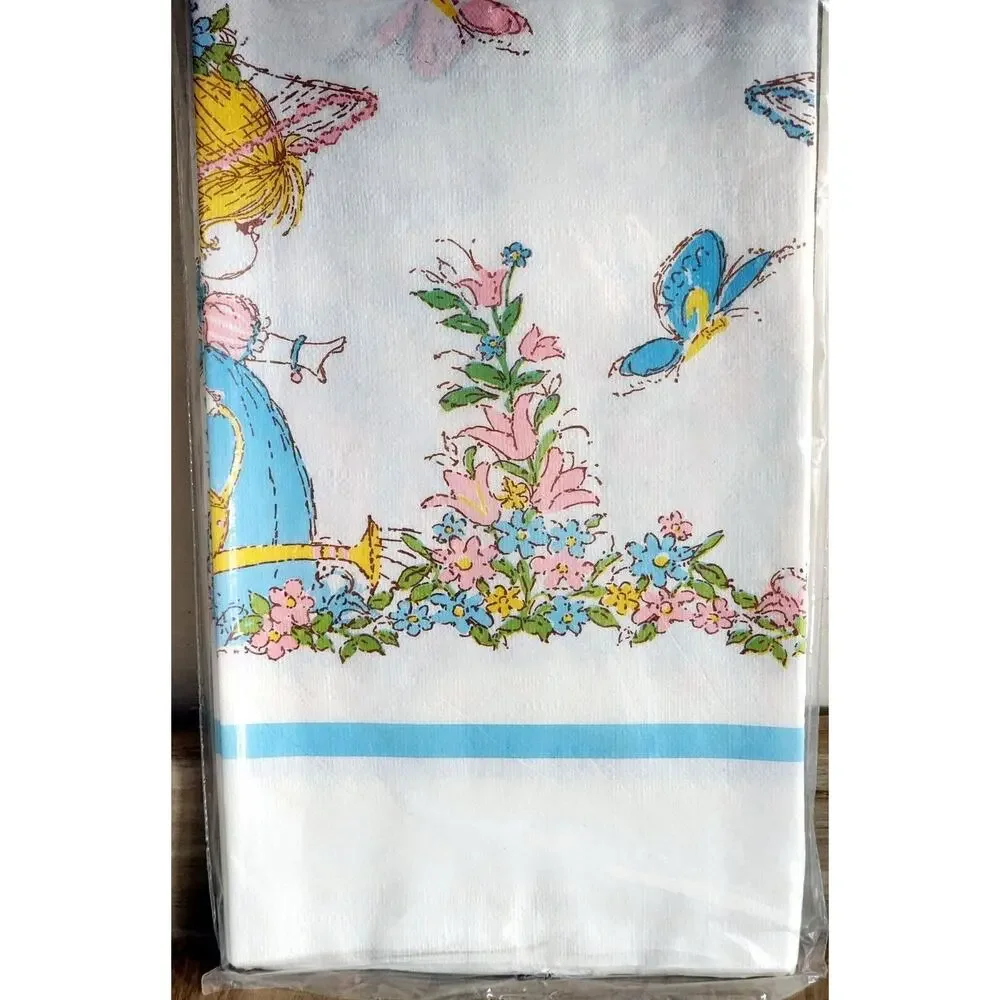 Vintage Furtura Paper Table Cloth 54x88 NOS Girl Sprig Flowers Butterfly See Pic